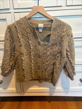 Maeve Taupe Ruffle-Beaded V-Neck Sweater